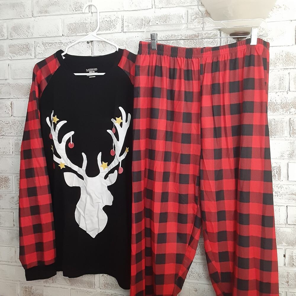LonCoco Stag Head Christmas PJs XXL Buffalo Plaid Ornaments Elastic waist FUN